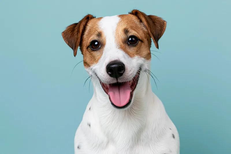 Jack russell terrier with open mouth and tongue out facing camera in studio setting