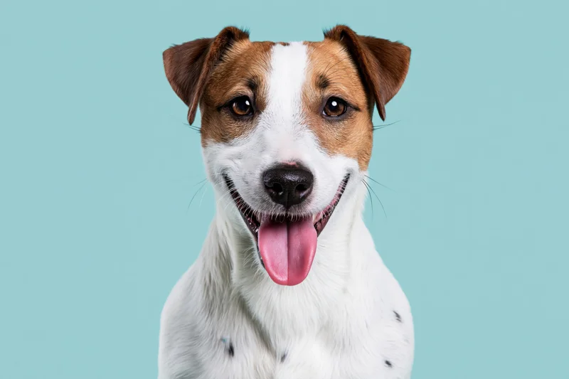 Jack russell terrier with open mouth and tongue out facing camera in studio portrait