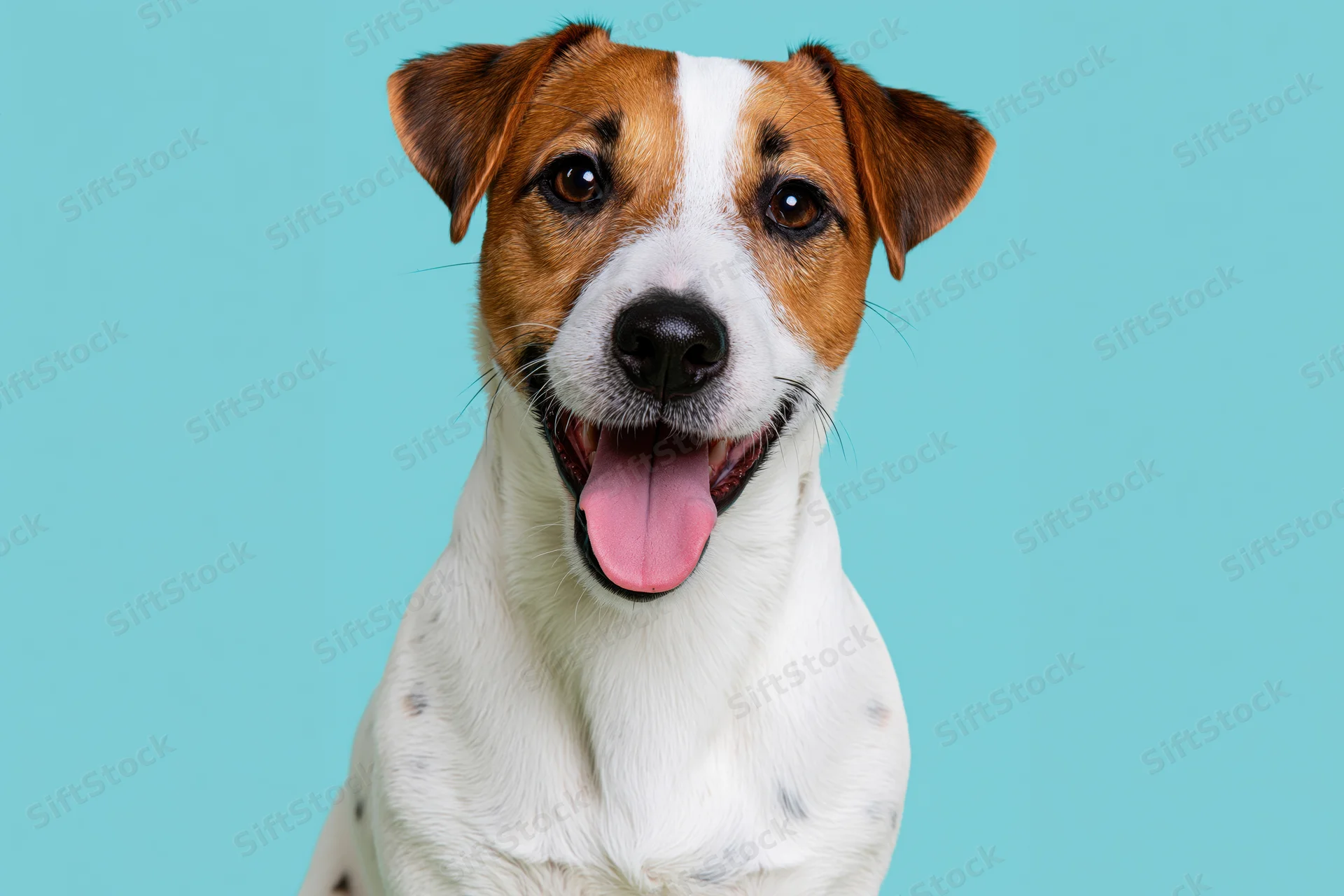 Jack russell terrier sitting upright facing camera with mouth open against blue background