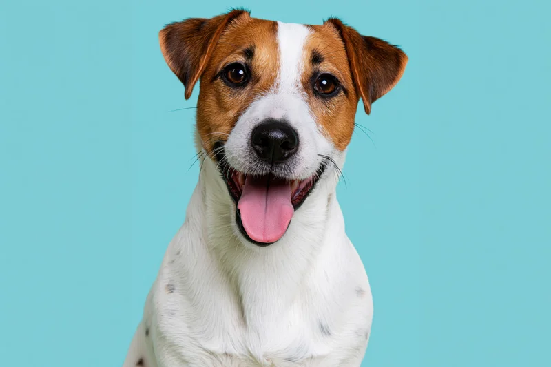 Jack russell terrier sitting upright facing camera with mouth open against blue background