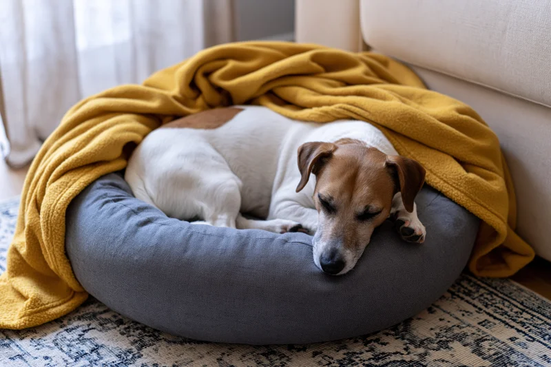 Jack russell terrier sleeping curled in a grey dog bed covered with a yellow blanket on a patterned rug near a window