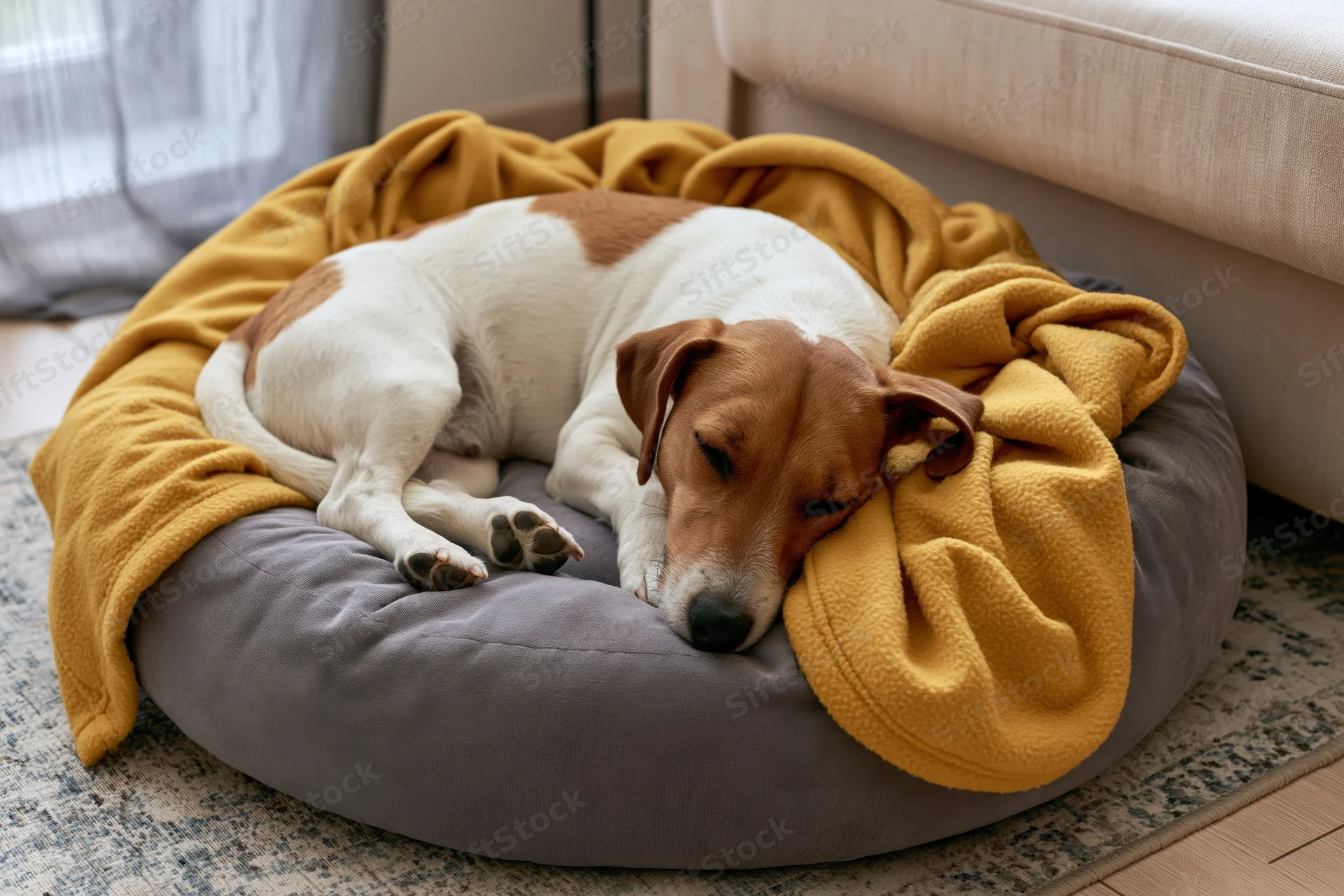Jack russell terrier sleeping curled up on a round grey dog bed covered with a yellow blanket in a living room
