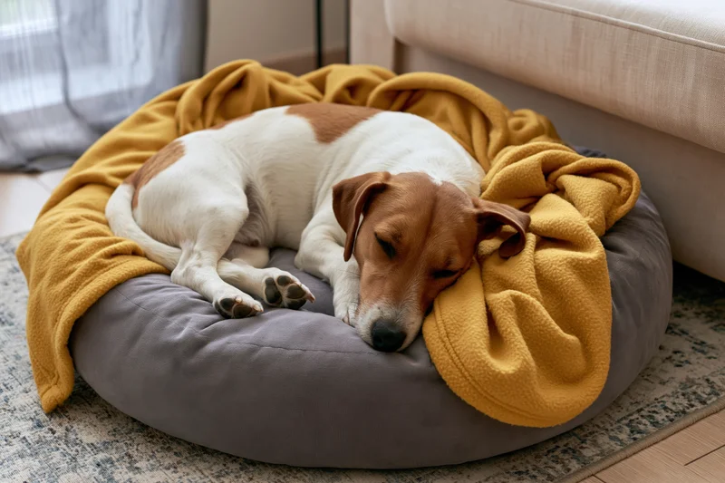 Jack russell terrier sleeping curled up on a round grey dog bed covered with a yellow blanket in a living room
