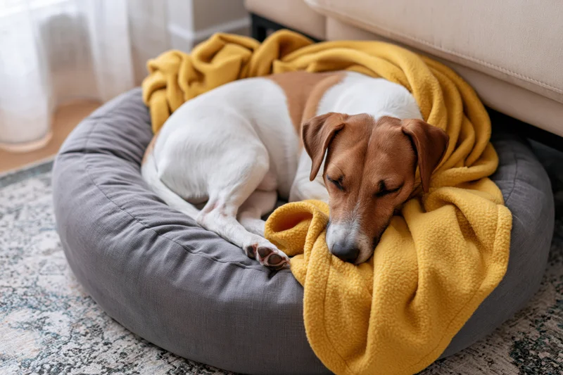 Jack russell terrier sleeping curled up on a round grey dog bed covered with a yellow blanket in a living room