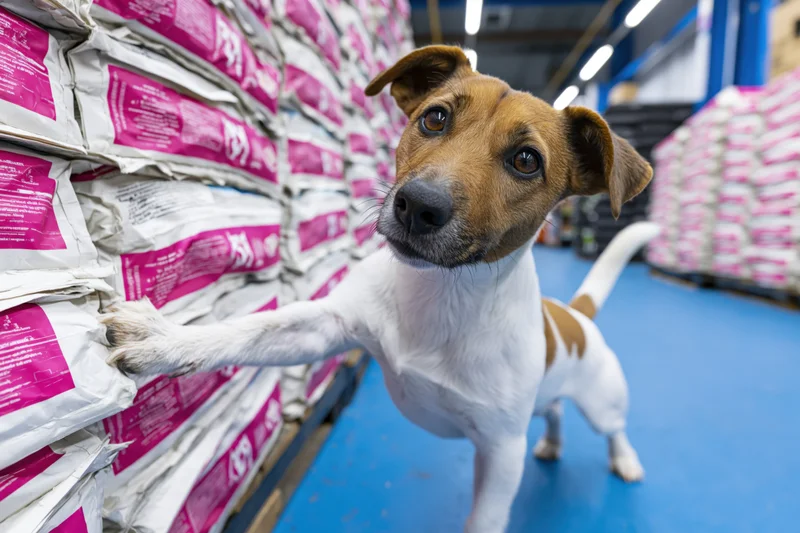 Jack russell terrier standing on hind legs with front paws on stacked pet food bags in warehouse