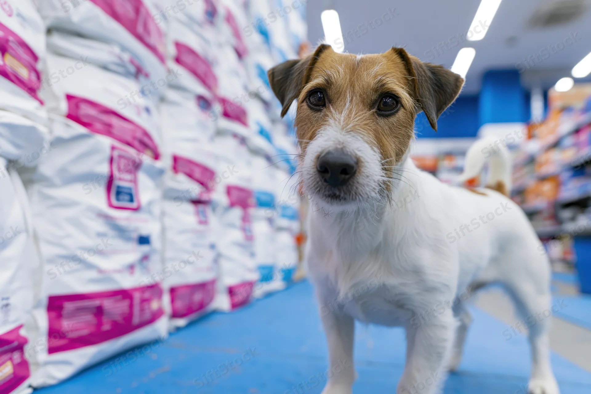 Jack russell terrier standing alert in a pet store aisle surrounded by bags of dog food