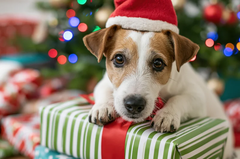 Jack russell terrier wearing santa hat resting on wrapped gift near christmas tree
