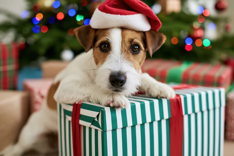 Jack russell terrier wearing santa hat resting on wrapped gift box near christmas tree