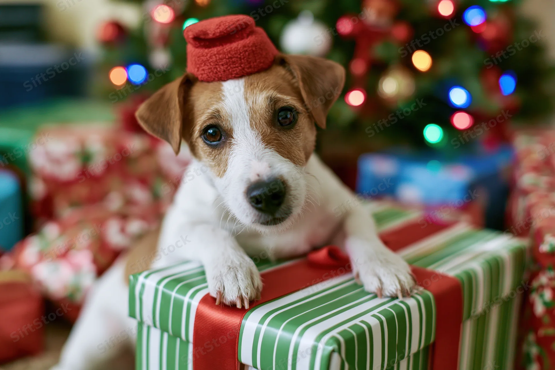 Jack russell terrier puppy wearing red santa hat resting on wrapped gift near christmas tree