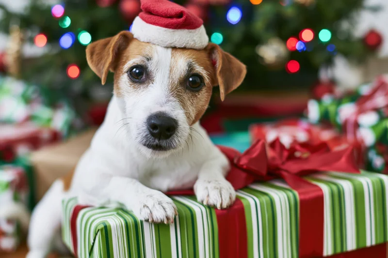 Jack russell terrier wearing santa hat resting on wrapped gift near christmas tree