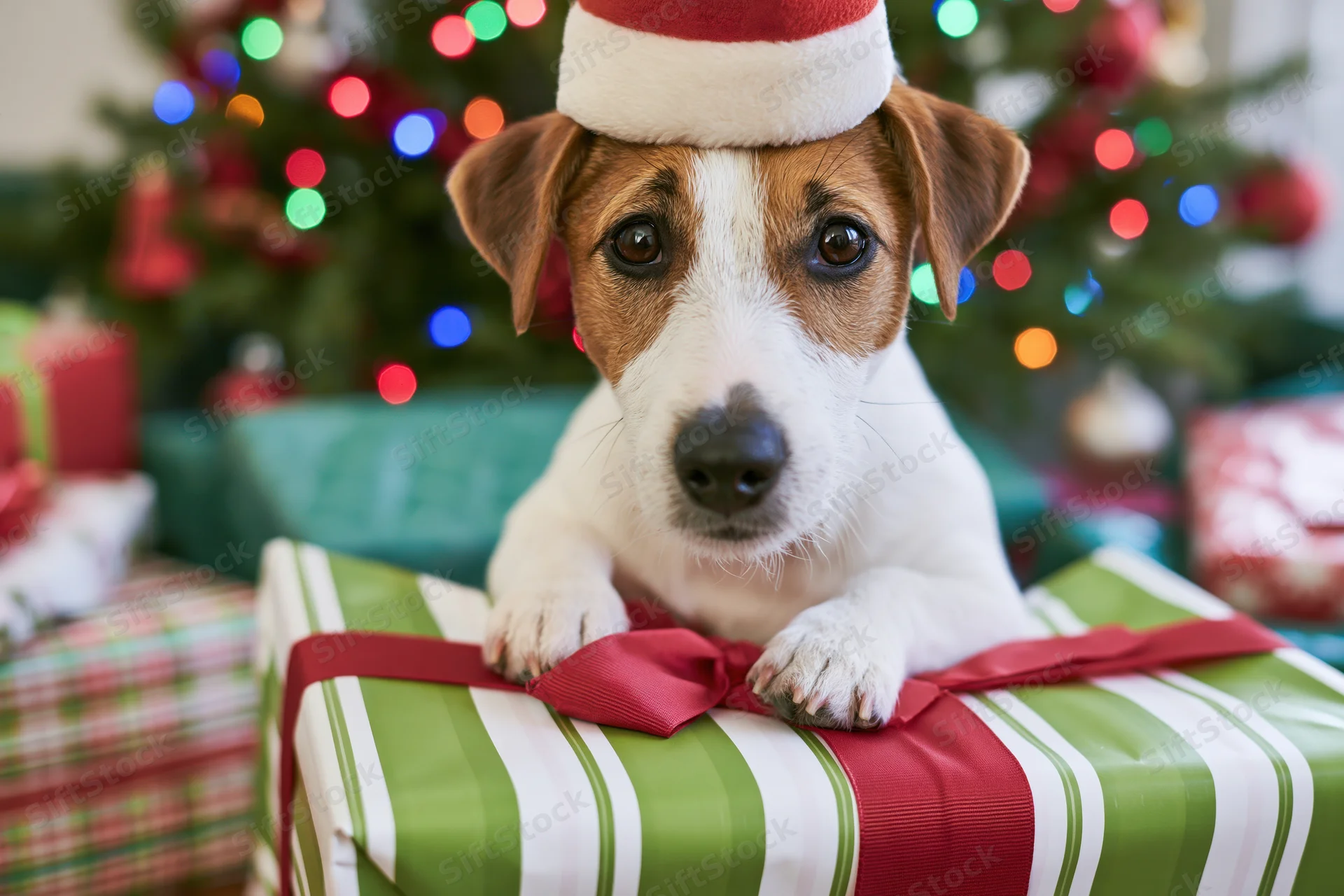 Jack russell puppy wearing santa hat resting on wrapped gift in front of christmas tree