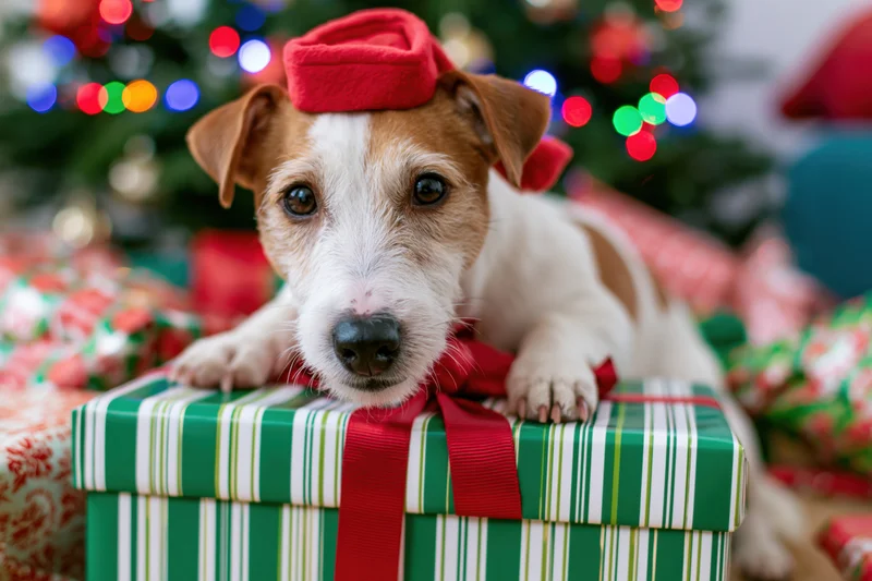 Jack russell terrier wearing red santa hat resting on wrapped gift with christmas tree lights in background