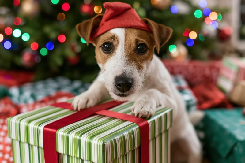 Jack russell terrier wearing red santa hat resting on wrapped gift in front of christmas tree