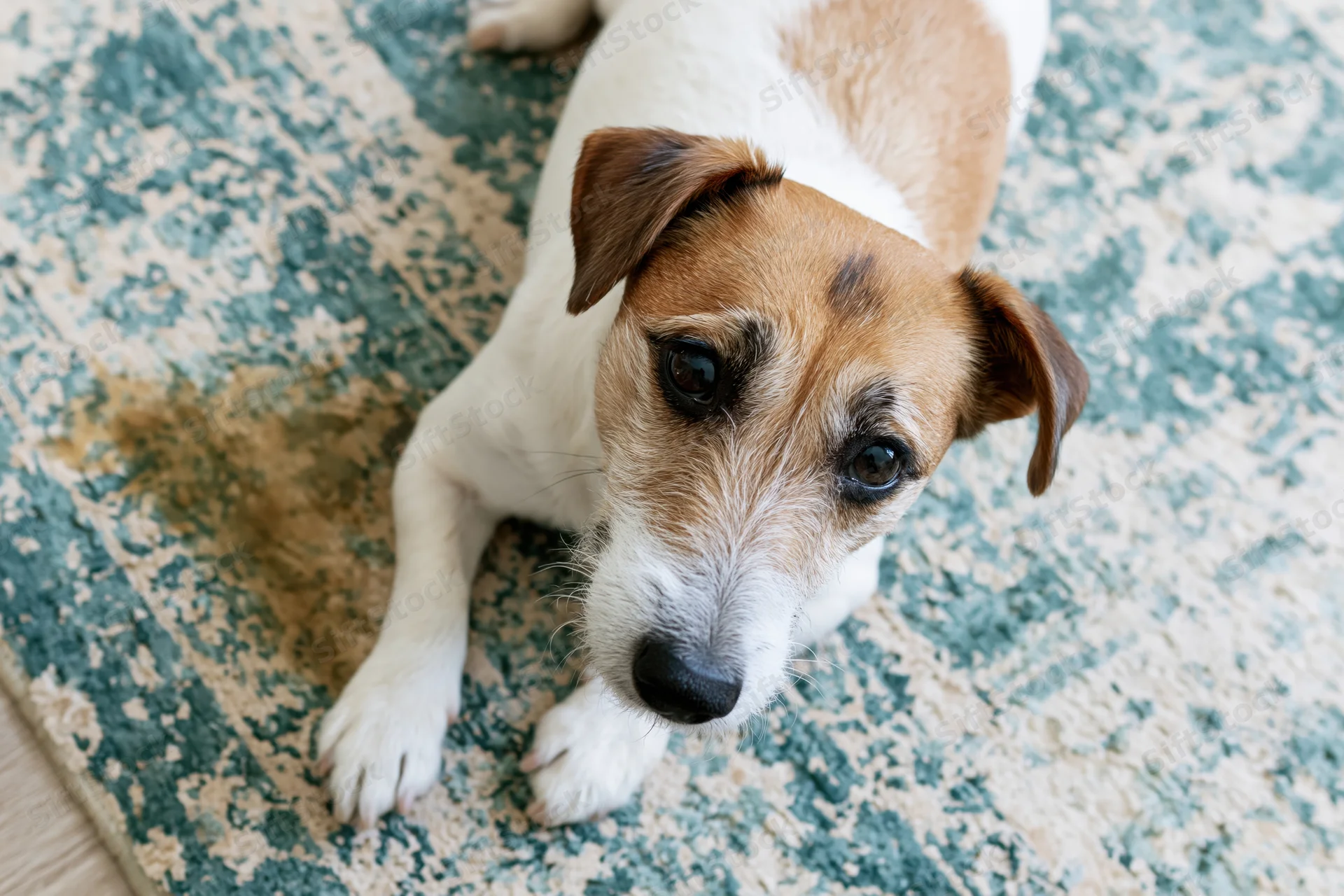 Jack russell terrier lying on patterned carpet indoors