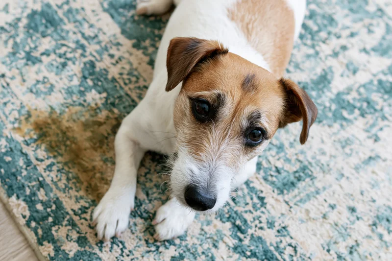 Jack russell terrier lying on patterned carpet indoors