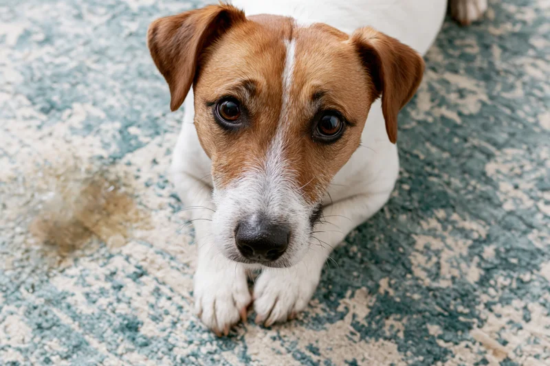 Jack russell terrier lying on patterned carpet indoors
