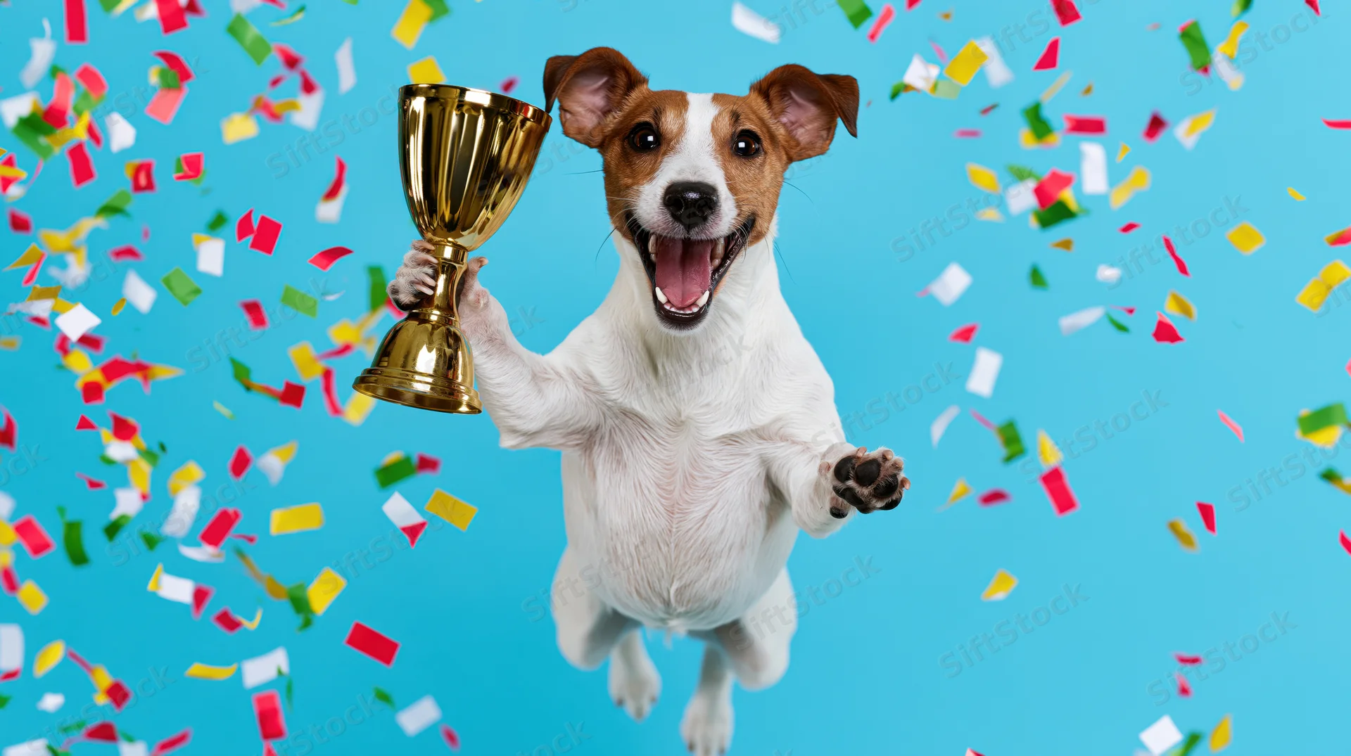 Jack russell terrier mid-jump holding gold trophy amidst falling confetti against blue background