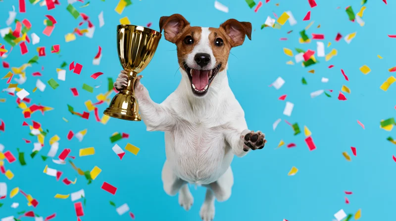 Jack russell terrier mid-jump holding gold trophy amidst falling confetti against blue background