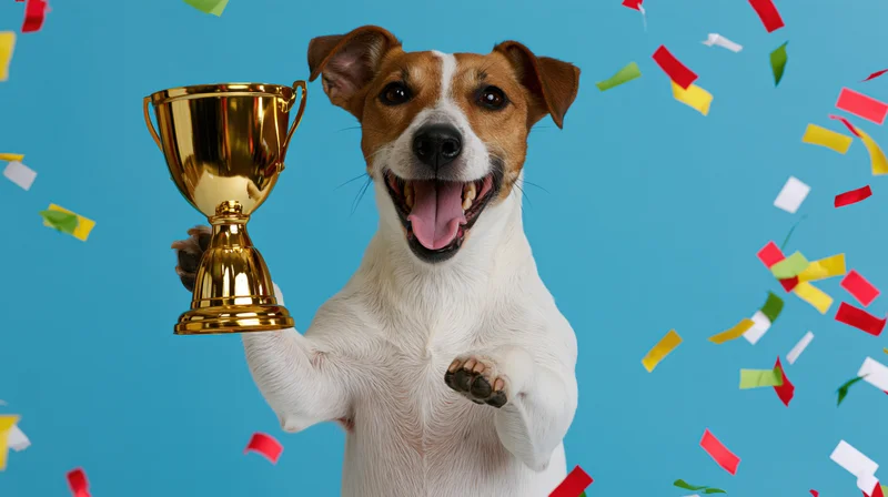 Jack russell terrier holding gold trophy amidst falling confetti against blue background