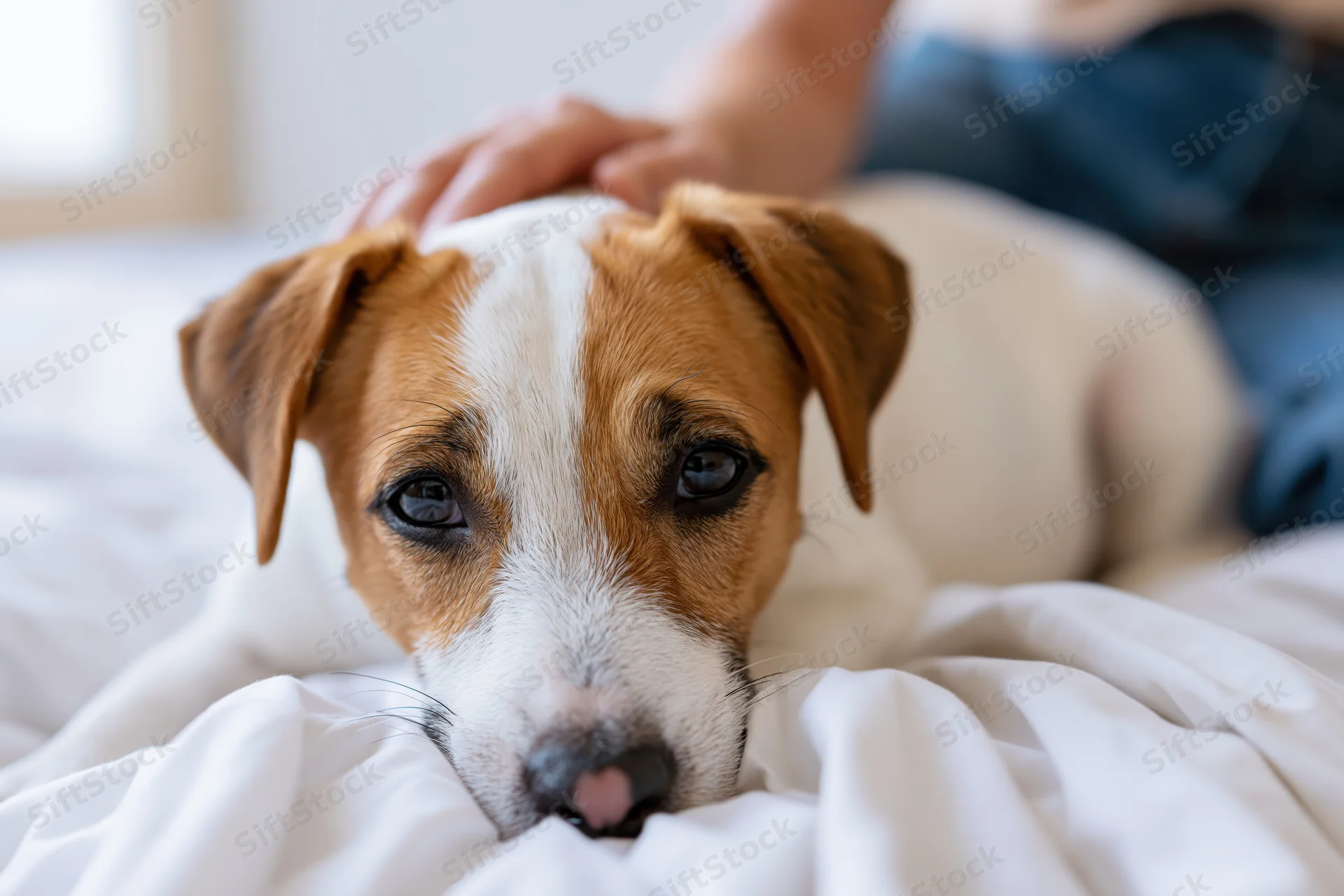 Jack russell terrier puppy resting chin on white bed sheets with human hand petting its head