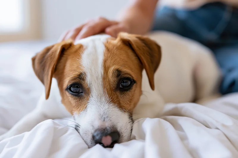 Jack russell terrier puppy resting chin on white bed sheets with human hand petting its head