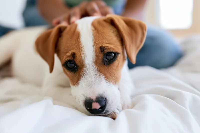 Jack russell terrier puppy resting chin on white bed sheets with human hand petting its head
