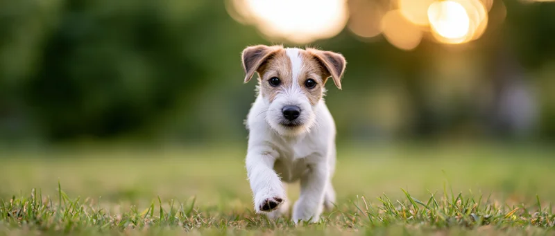 Jack russell terrier puppy running toward camera across grassy field in golden hour light