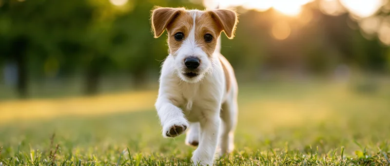 Jack russell terrier puppy running toward camera across a grassy field at golden hour