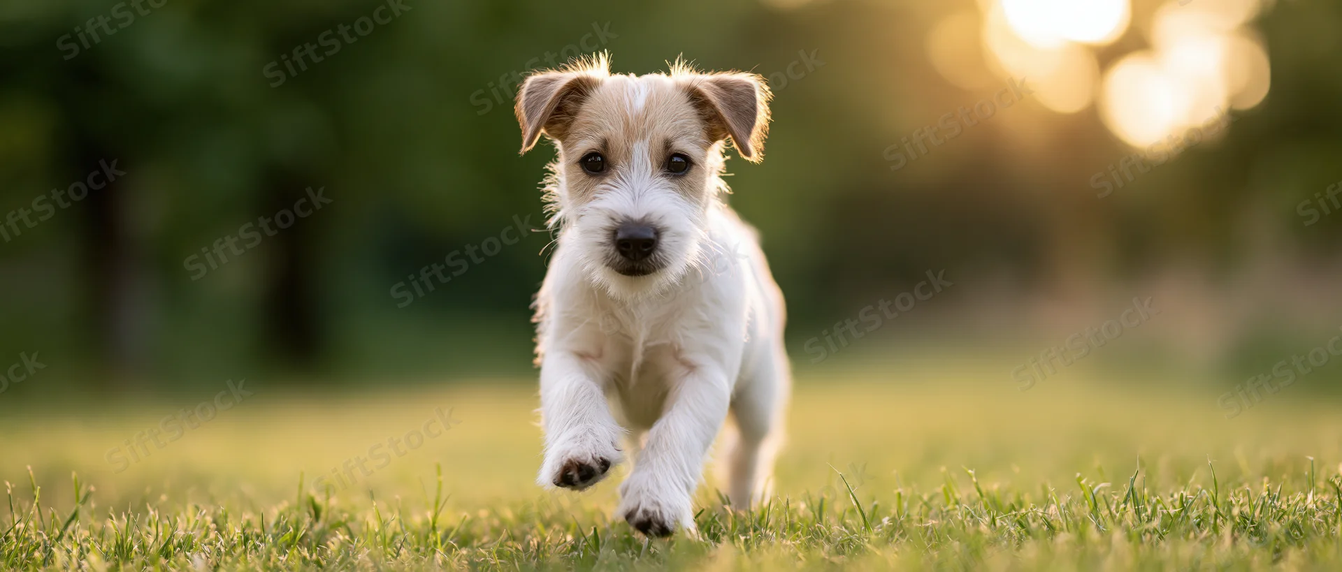 Jack russell terrier puppy running toward camera across a grassy field in golden hour light