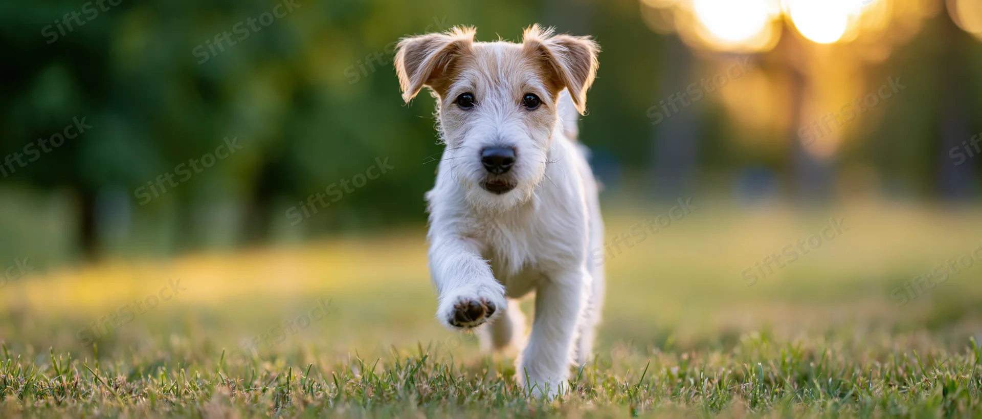 Jack russell terrier puppy running toward camera across a grassy field at sunset
