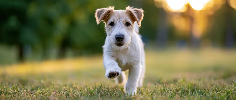 Jack russell terrier puppy running toward camera across a grassy field at sunset
