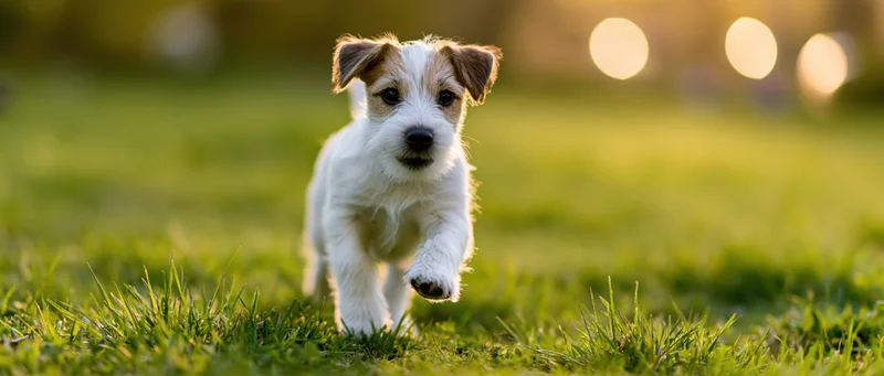 Jack russell terrier puppy running toward camera across a grassy field in golden hour light