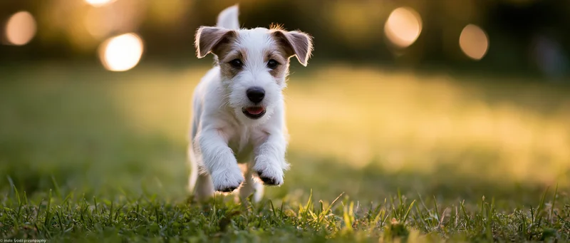 Jack russell terrier puppy running toward camera across green grass in golden hour light