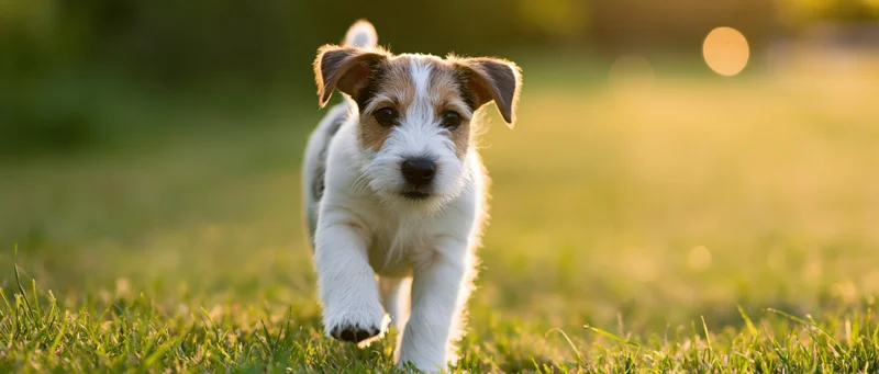 Jack russell terrier puppy running toward camera across a grassy field in golden hour light