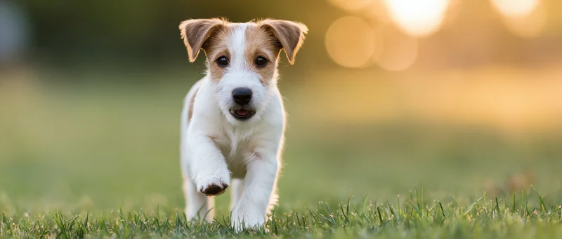 Jack russell terrier puppy running toward camera across a grassy field at golden hour