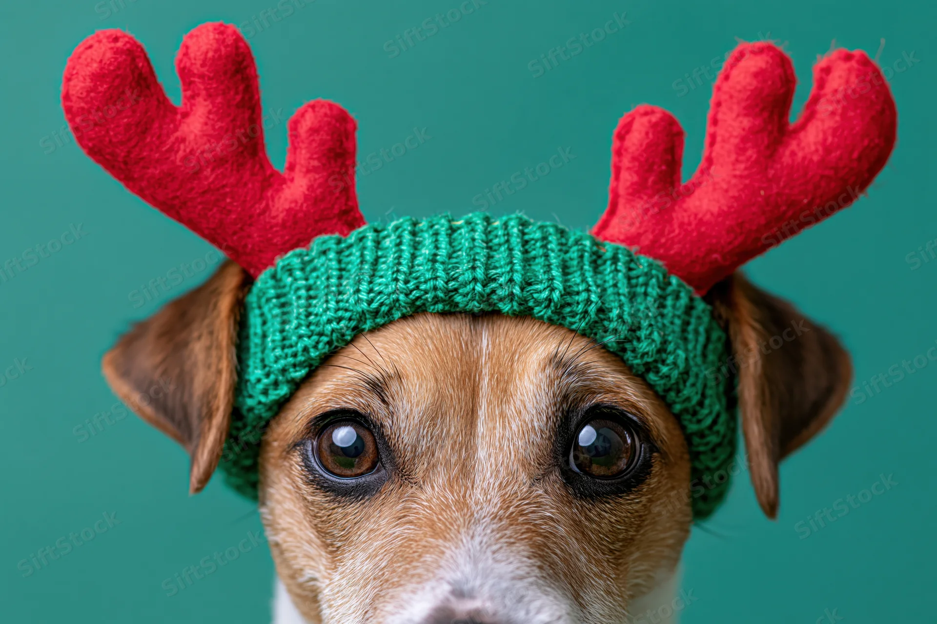Jack russell terrier wearing red felt reindeer antler headband against teal background