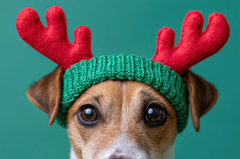 Jack russell terrier wearing red felt reindeer antler headband against teal background