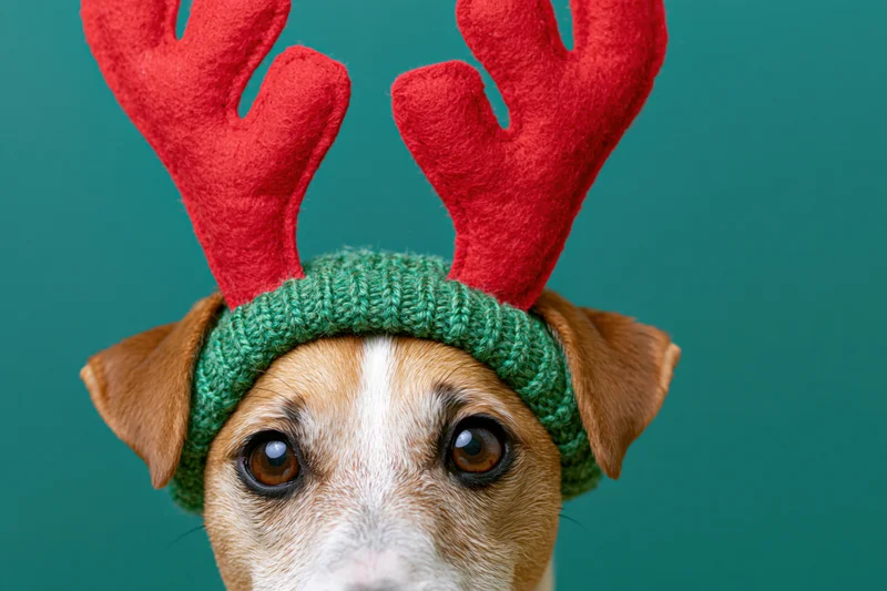 Jack russell terrier wearing red felt reindeer antler headband against teal background