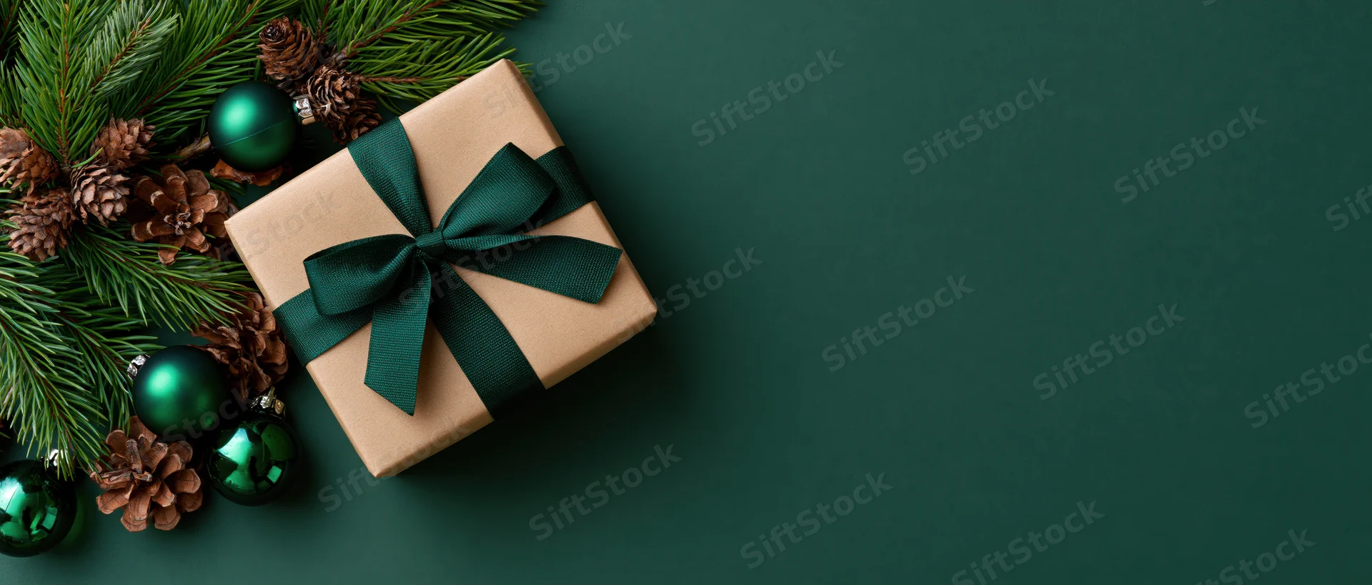 Gift box wrapped in kraft paper with dark green ribbon and pine branches on a dark green surface