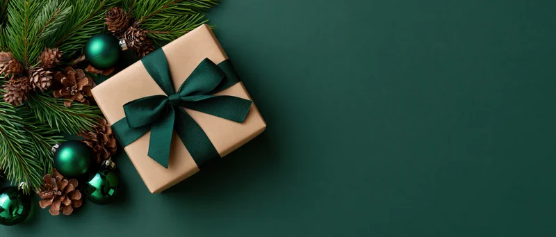 Gift box wrapped in kraft paper with dark green ribbon and pine branches on a dark green surface