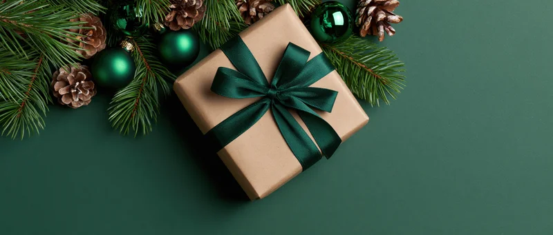 Kraft paper gift box tied with dark green ribbon surrounded by pine branches and ornaments on green background