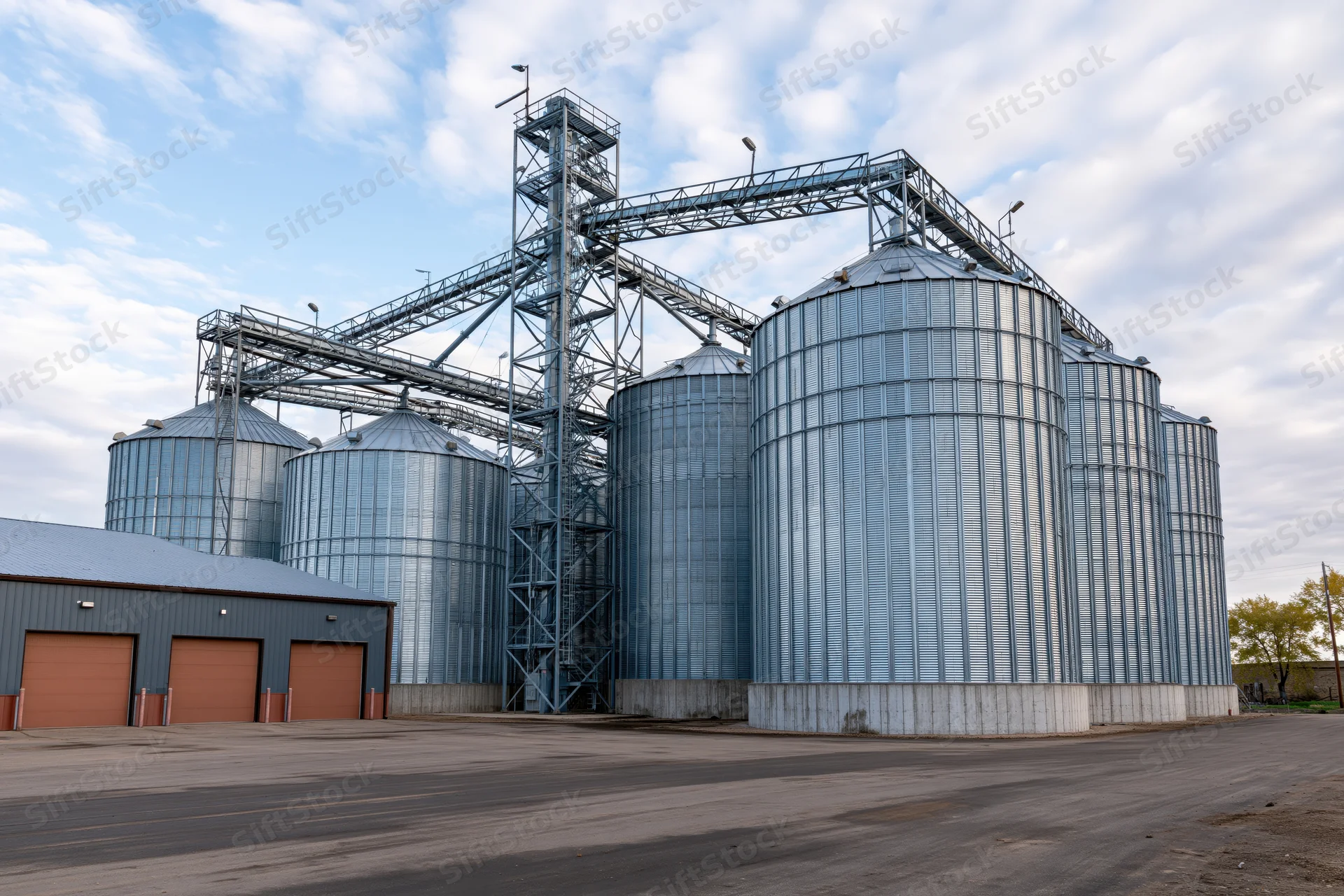 Large agricultural grain elevator complex with multiple tall metal silos and conveyor framework under a partly cloudy sky