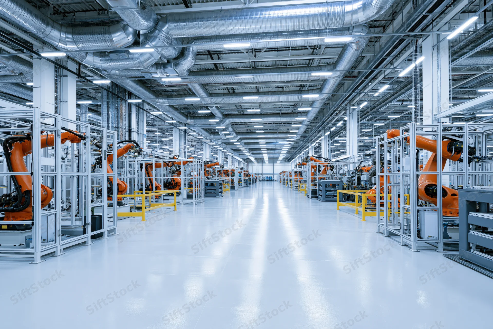 Wide-angle view of an automotive factory interior with robotic arms on assembly lines