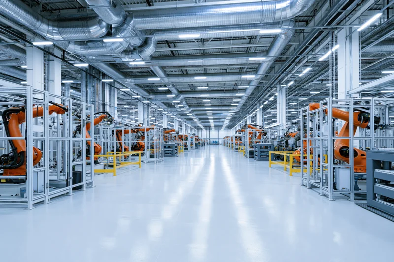 Wide-angle view of an automotive factory interior with robotic arms on assembly lines