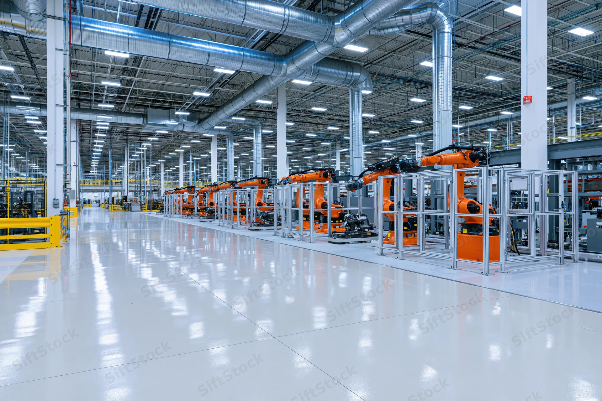 Robotic arms lined along an automated assembly line in a large automotive factory interior