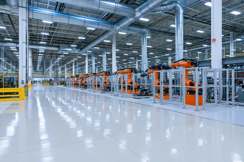 Robotic arms lined along an automated assembly line in a large automotive factory interior