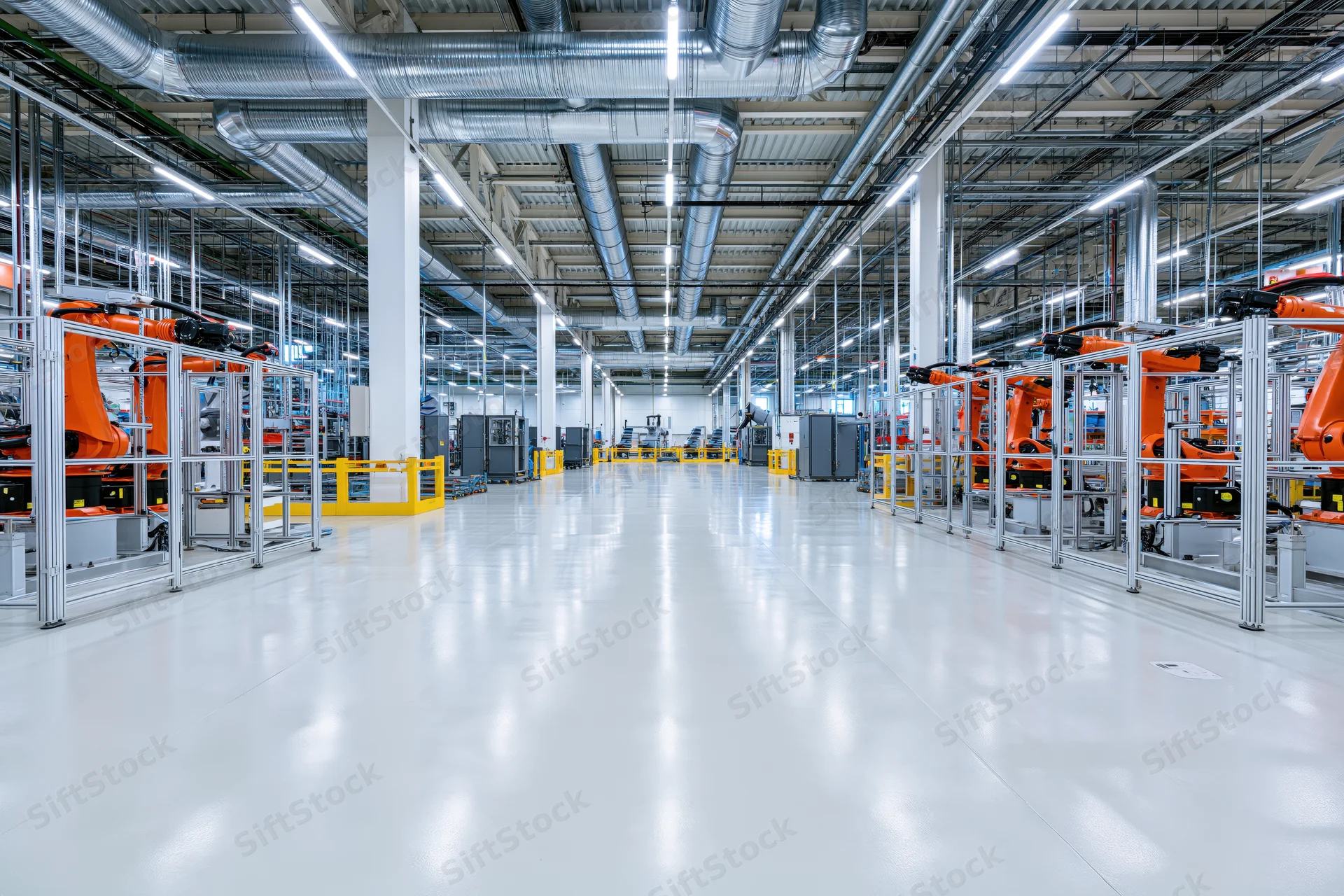 Wide-angle view of an automotive factory interior with robotic arms on assembly lines