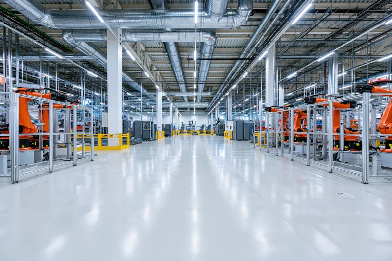 Wide-angle view of an automotive factory interior with robotic arms on assembly lines