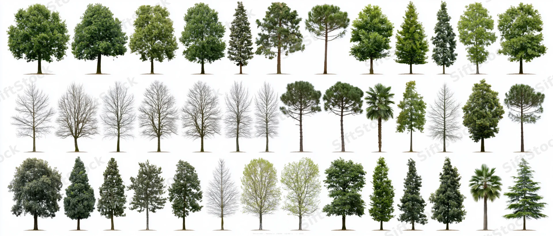 Botanical reference sheet displaying various tree species arranged in rows on white background