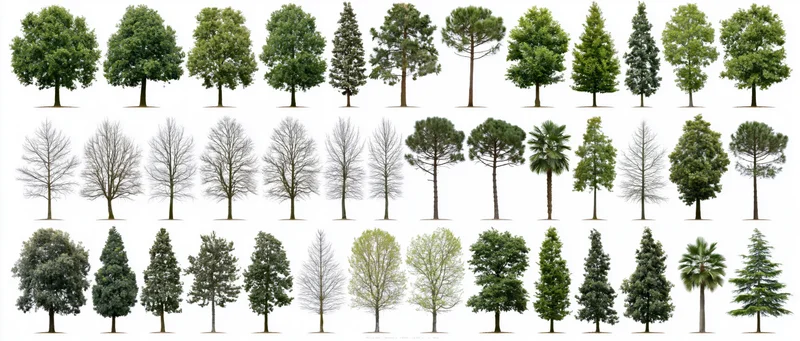 Botanical reference sheet displaying various tree species arranged in rows on white background